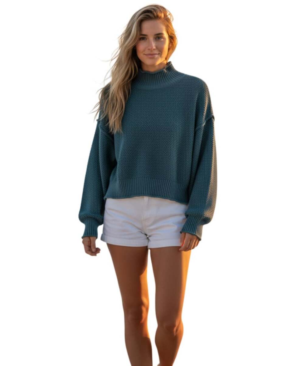 FP Beach Free People Teal Blue Chunky Knit Mock Neck Cropped Sweater Size S - Picture 1 of 6